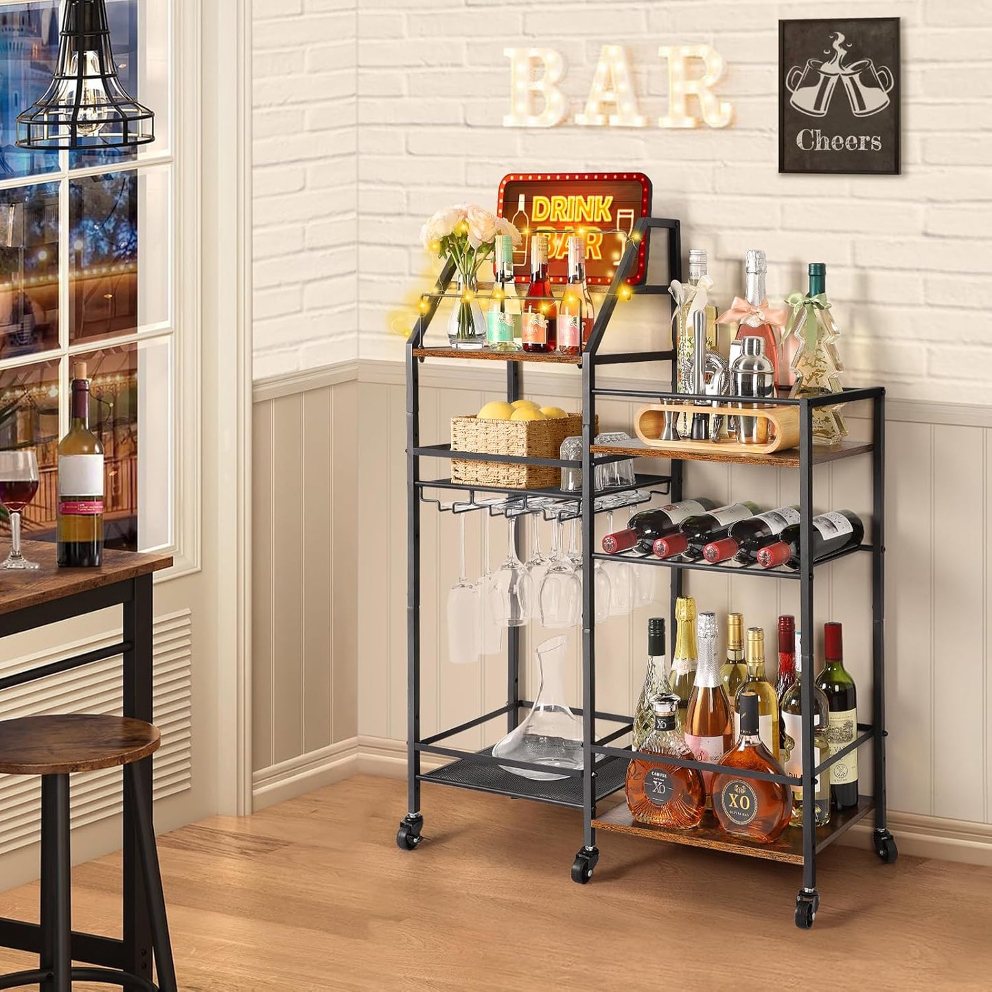 VINAEMO Rolling Bar Cart with Wine Glass Holder, Mini Bar for Whiskey Wine, Liquor Cart for Home, Alcohol Cabinet for Kitchen, Dining Room