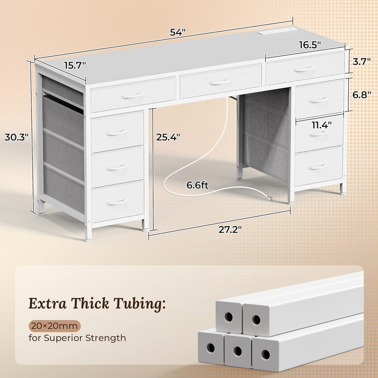 PRAISUN 54 Inch Office Desk with Outlets, Computer Desk with 9 Fabric Drawers, Writing Gaming Work Study Desk for Bedroom, Living Room, Home Office, Large Storage, White