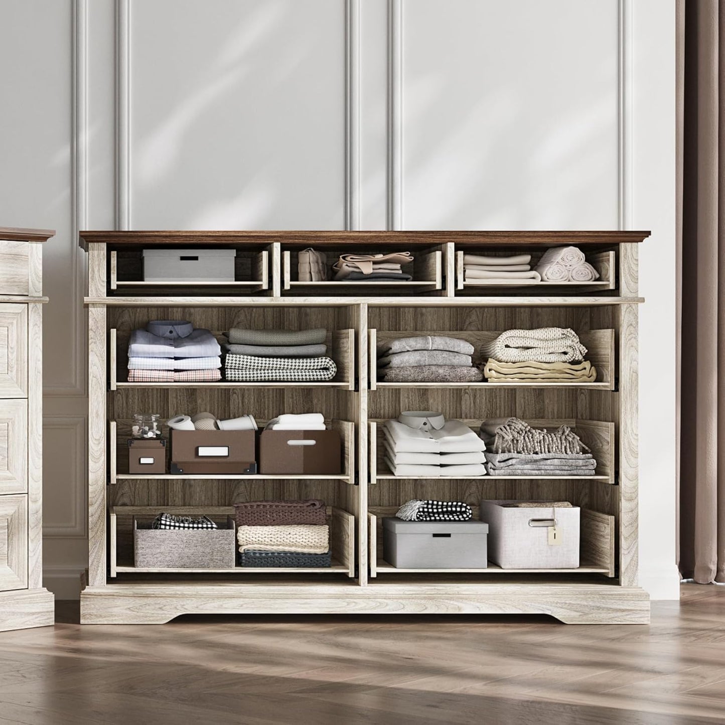 LINSY HOME 9 Drawers Dresser for Bedroom, 54" Wide Wooden Storage Chest with Antique Handles, Modern Farmhouse Large Dresser TV Stand, Chest of Drawers for Closet, Living Room, Hallway, Beige