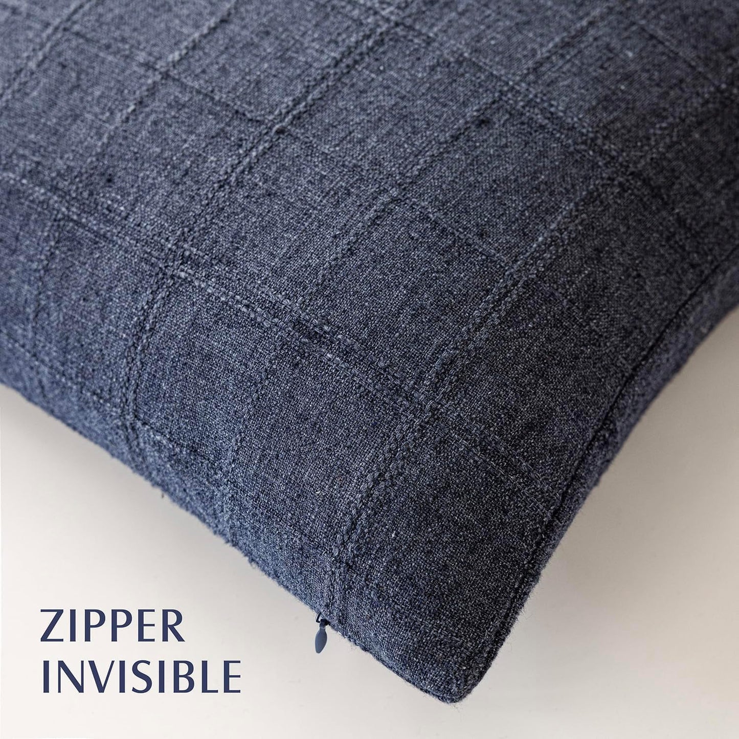 Foindtower Set of 2 Decorative Linen Check Throw Pillow Covers Neutral Farmhouse Vintage Cushion Covers Modern Boho Home Decor for Sofa Chair Couch Bedroom Living Room Outdoor,22×22 Inch,Navy Blue