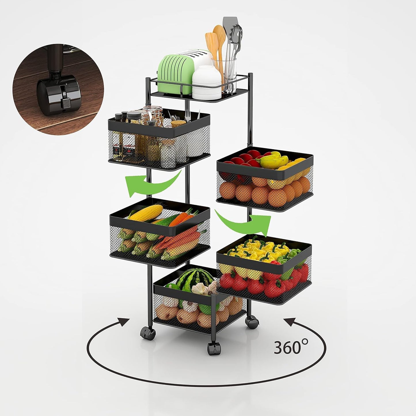 Fruit and Vegetable Basket for Kitchen No Assembly， Rotating Storage Rack,Bathroom Storage Shelf, Kitchen Organizers and Storage Cart on Rolling Wheels(Black, 5 Tier-Square)
