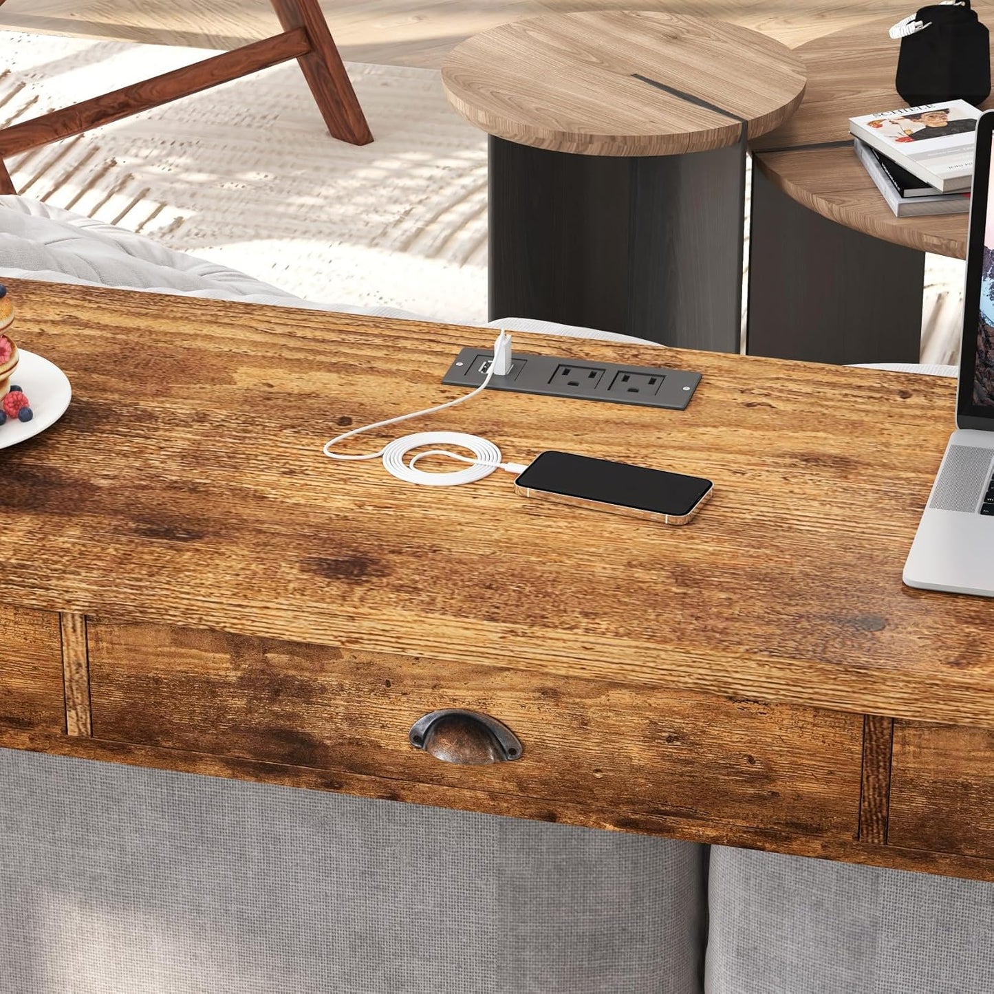 KEIKI 60.24” Long Bar High Top Dining Table and 3 Stools Chairs Set with Drawer & Power Outlet, Wood Behind Couch Sofa Counter Height Pub Furniture for Breakfast, Kitchen Living Party Room, Brown