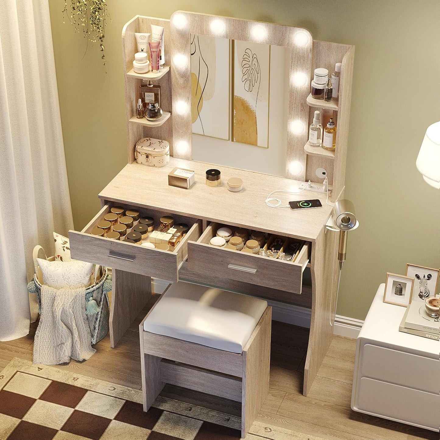 Vabches Vanity Desk with Mirror and Lights,Makeup Vanity Table with Charging Station,2 Drawer Bedroom Dressing Table with 3 Colors Modes Dimming & Cushioned Stool,Natural Oak