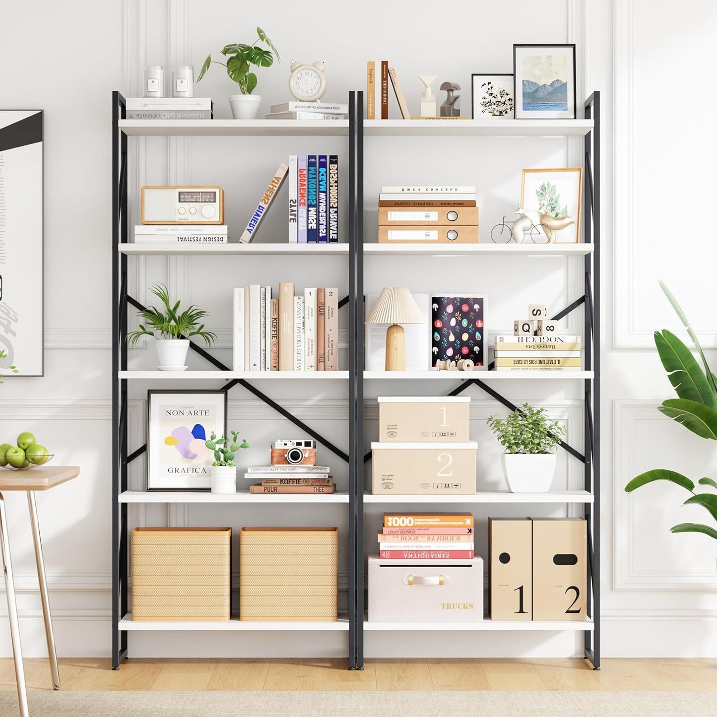 Bookshelf, 5 Tier Bookshelves, Home Office Bookcase Shelf Storage Organizer, Free Standing Storage Shelving Unit for Bedroom, Living Room and Home Office,White