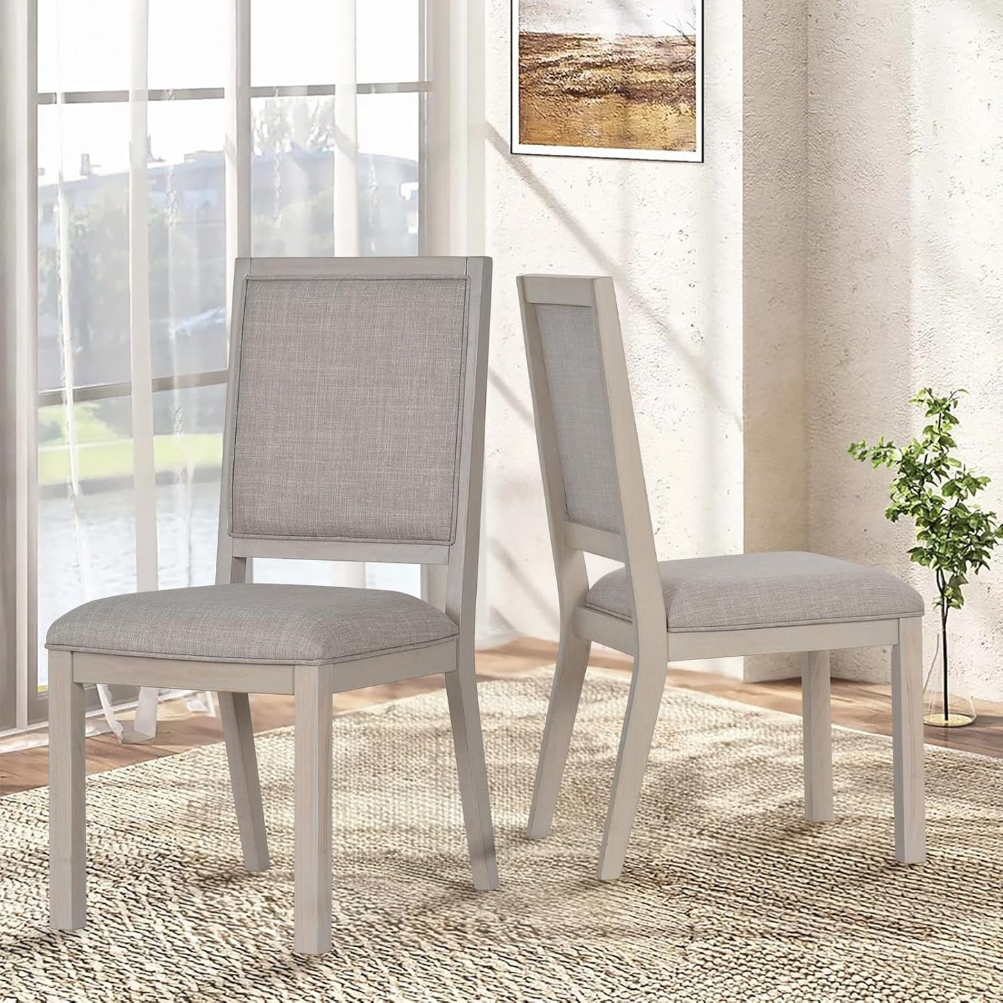 COLAMY Wooden Dining Chairs Set of 2, Mid Century Modern Upholstered Dining Chairs, 19 Inch Fabric Dining Room Chair with Back for Kitchen Dining Living Room Courtyard Waiting Leisure Area, Ivory