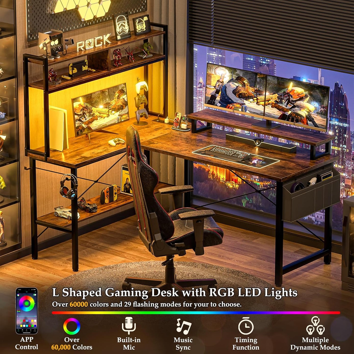 Aheaplus L Shaped Gaming Desk with Power Outlets & LED Lights, Small L-Shaped Desk Computer Corner Desk with Monitor Stand & Storage Shelf, Home Office Desk Writing Desk with Storage Bag, Rustic Brown