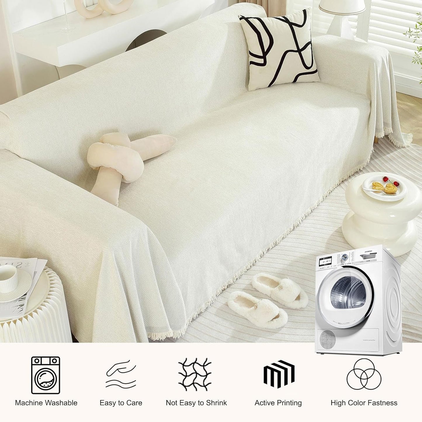 STACYPIK Modern Beige Couch Covers for Dogs Cats Thick Chenille Ivory White Sofa Cover Sofa Slipcover Furniture Protector for 3 Cushion Couch with Tassel Non-Silp Futon Cover Sofa Protector-71X150IN