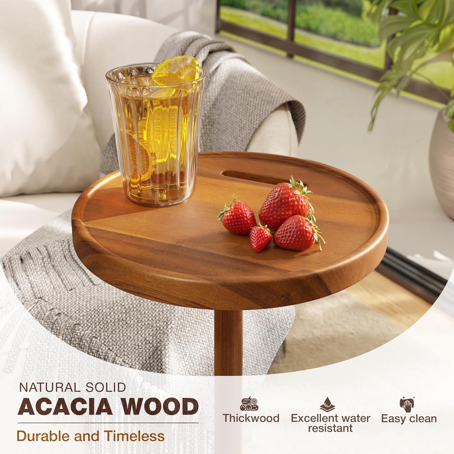 Drink Table, 24.4" Tall Compact Side Table with Phone Slot and Weighted Base, Durable Pedestal Table Accent for Living Room (Stepped Base, Acacia)