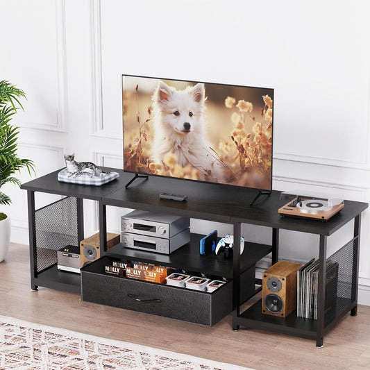 TV Stand with Drawers and Open Storage Shelves for 65 60 55 Inch TV, Entertainment Center with Open Storage Shelves, Industrial Media TV Console Table for Living Room Bedroom Office, Black