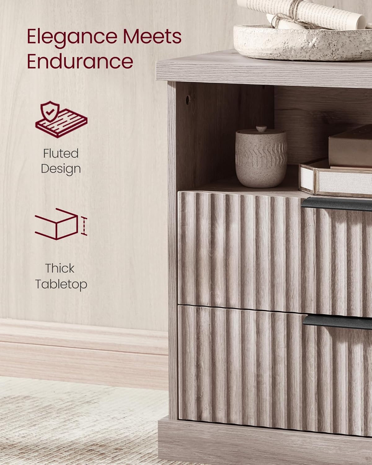 VASAGLE MAXE Collection - Nightstand with Charging Station, Bedside Table, Side End Table with 2 Drawers, Open Shelf, 2 AC Outlets, 2 USB Ports, Transitional, for Bedroom, Washed Gray ULET626G01S