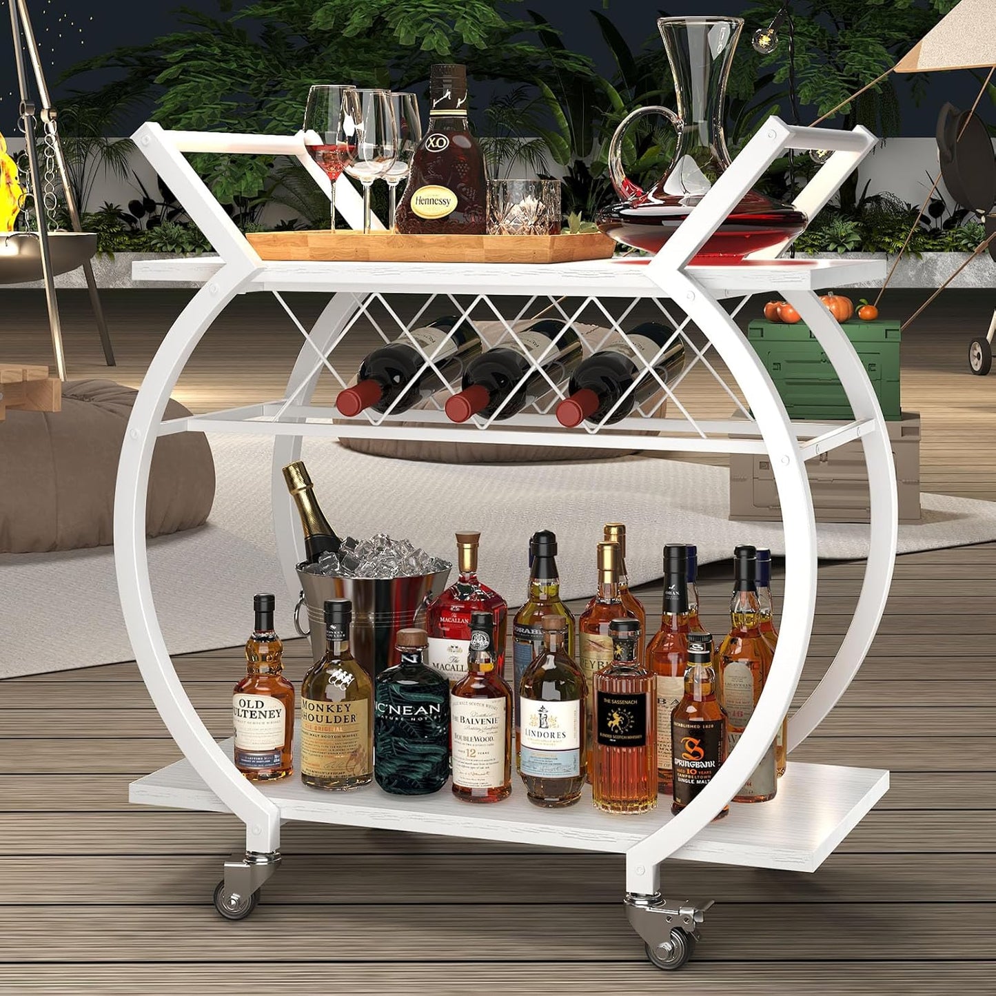 LVB White Bar Cart, Modern Rolling Serving Wine Cart with Storage, Industrial Wood Metal Kicthen Island Beverage Cart with Wheels, Microwave Drink Liquor Cart Table for Home Dining Living, White Oak