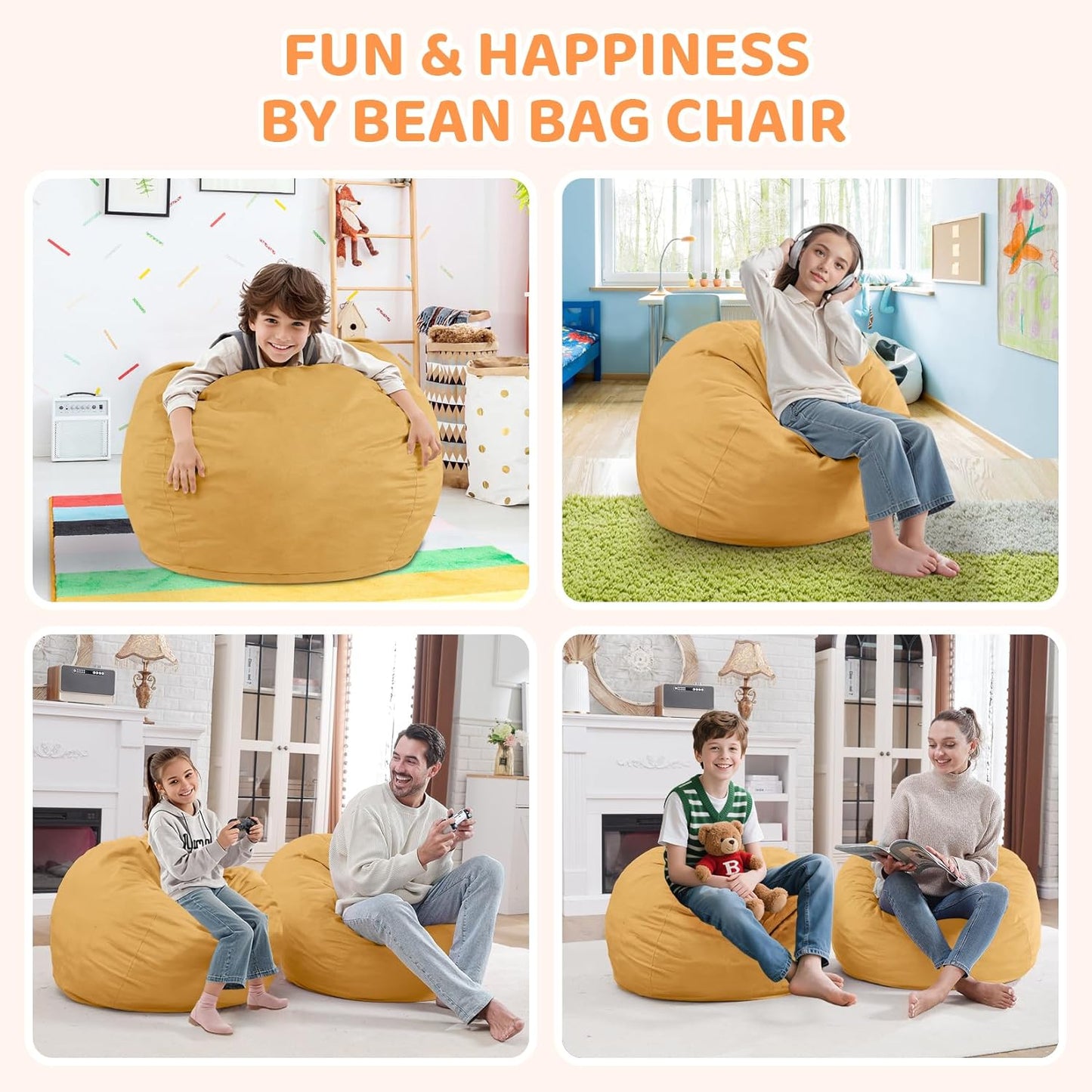 2FT Bean Bag Chair, Comfy Bean Bag Chairs with Memory Foam Filled, Fluffy Beanbag Sofa with Dutch Velvet Cover, Teardrop BeanBag Chairs for Living Room, Playroom - Mustard