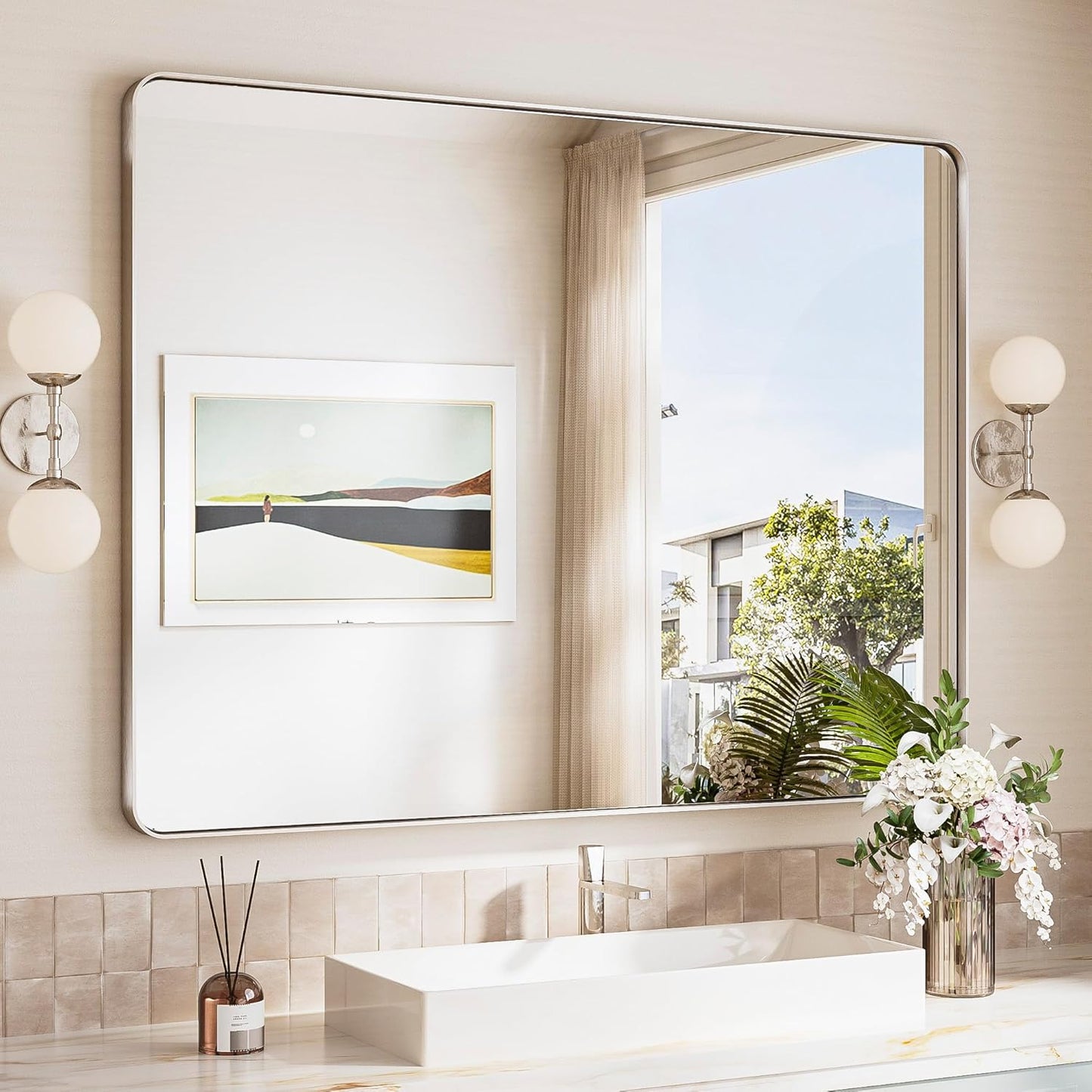 TokeShimi 48x36 Brushed Nickel Bathroom Mirror for Over Sink,Tempered Glass,Rectangle Mirror for Bathroom,Large Bathroom Mirror for Vanity(Horizontal/Vertical)