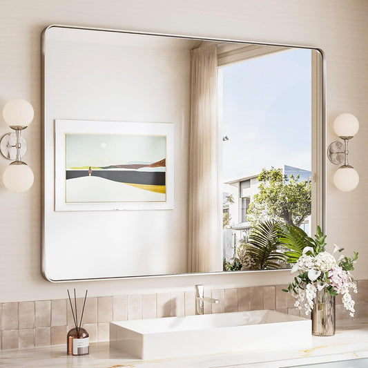 TokeShimi 48x36 Brushed Nickel Bathroom Mirror for Over Sink,Tempered Glass,Rectangle Mirror for Bathroom,Large Bathroom Mirror for Vanity(Horizontal/Vertical)