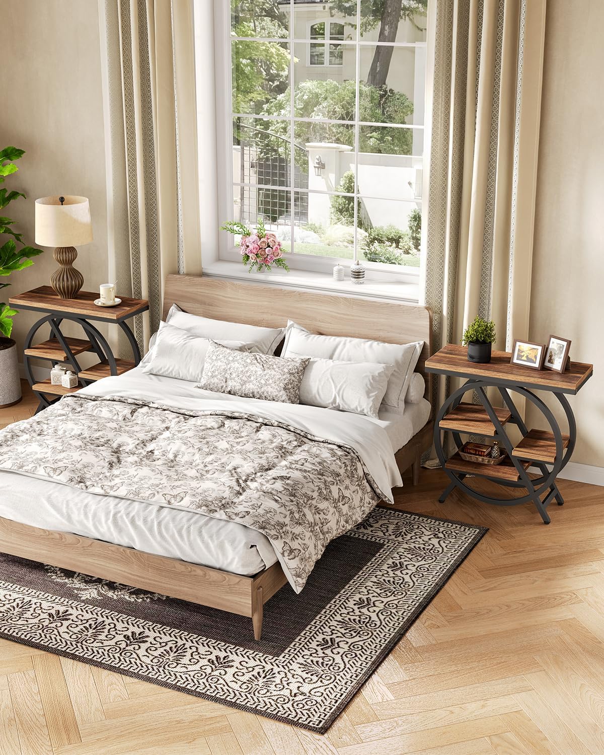 End Table, Narrow Side Table with 4-Tier Large Storage Space, Modern Bedside Table for Living Room, Home Office, Bedroom, Brown