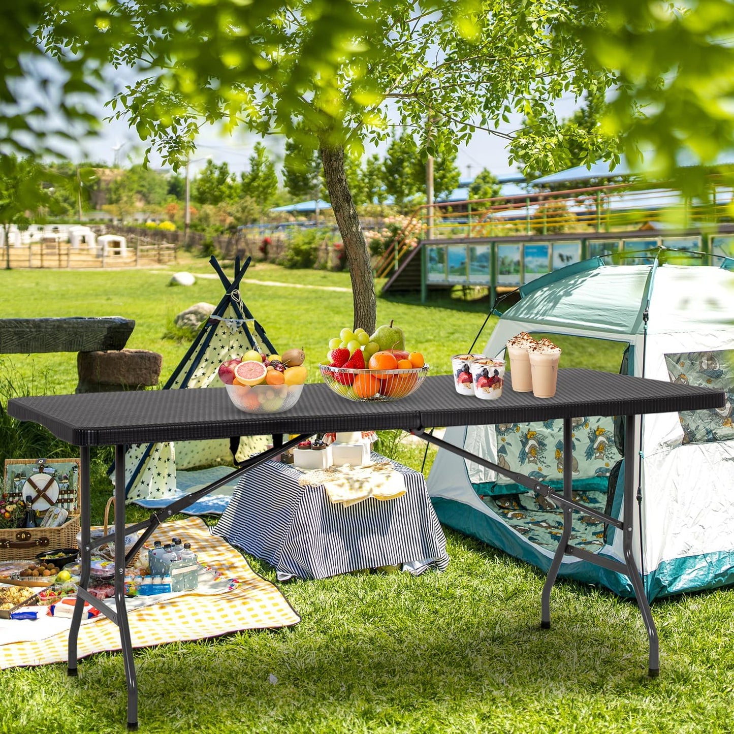 BestOffice Outdoor Folding Camping Table Plastic Table Portable Square Height Dining Table Perfect for Picnics,Parties,Party and Camping,Black Ratten