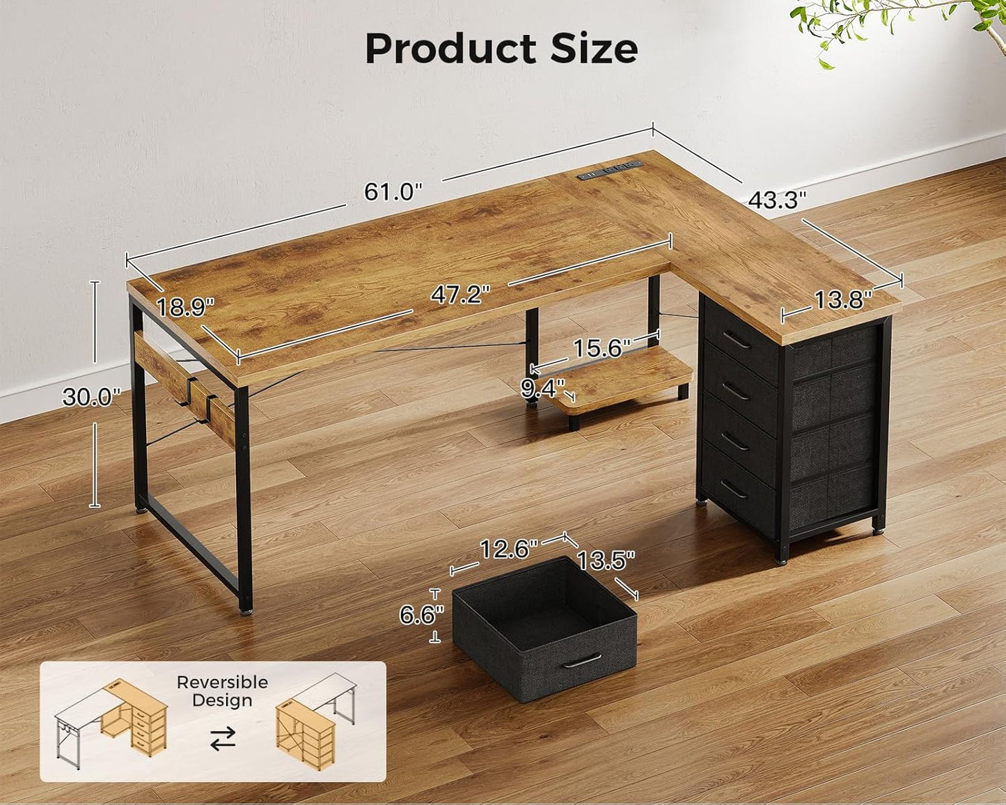 AODK L Shaped Desk with 4 Tier Drawers, 61" Reversible Gaming Desk with Power Outlets, L Shaped Computer Table with USB Charging Port and Host Stand, Home Office Table, Easy to Assemble, Vintage