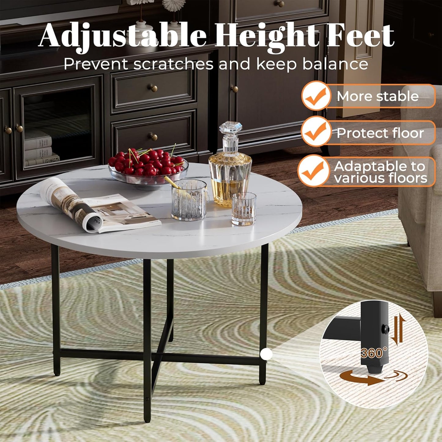 Round Coffee Table, Small Coffee Tables for Living Room, Low Wood Coffee Table with Metal Frame, Floor Table Desk for Sitting on The Floor, Home, Office, Rustic Brown (23.6" D x 17.7" H)