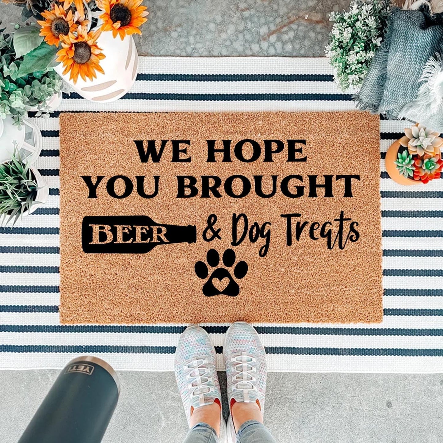 Funny Coir Doormat We Hope You Brought Beer & Dog Treats Front Door Mat Entryway Outdoor Mat with Heavy Duty Front Porch Decor Welcome Mats for Entrance Natural Coconut Thick Brown Mat 23.7x15.7 inch