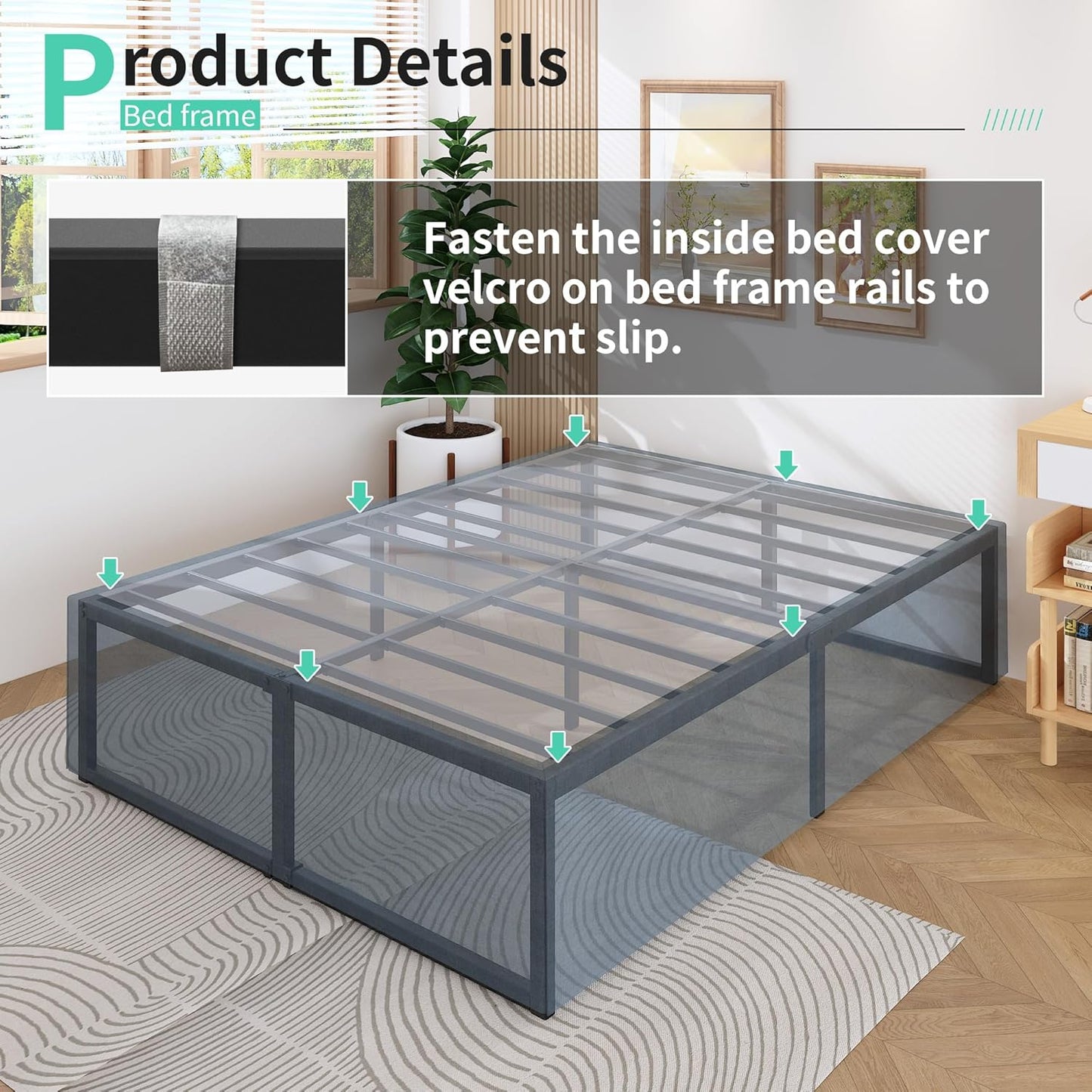 18 Inch Queen Bed Frame with Cover Skirt, Heavy Duty Steel Slat Support Metal Platform Bed Frame Queen Size No Box Spring Needed, Easy Assembly, Black and Blue