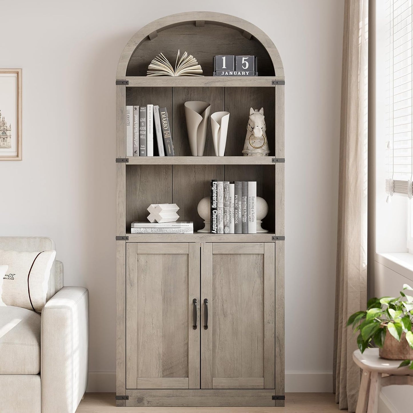 Garveehome Bookcase with Doors Arched Bookshelf 71.65in Tall Bookcase Farmhouse Cabinet with Shelves Wooden Bookshelves for Home Office, Living Room