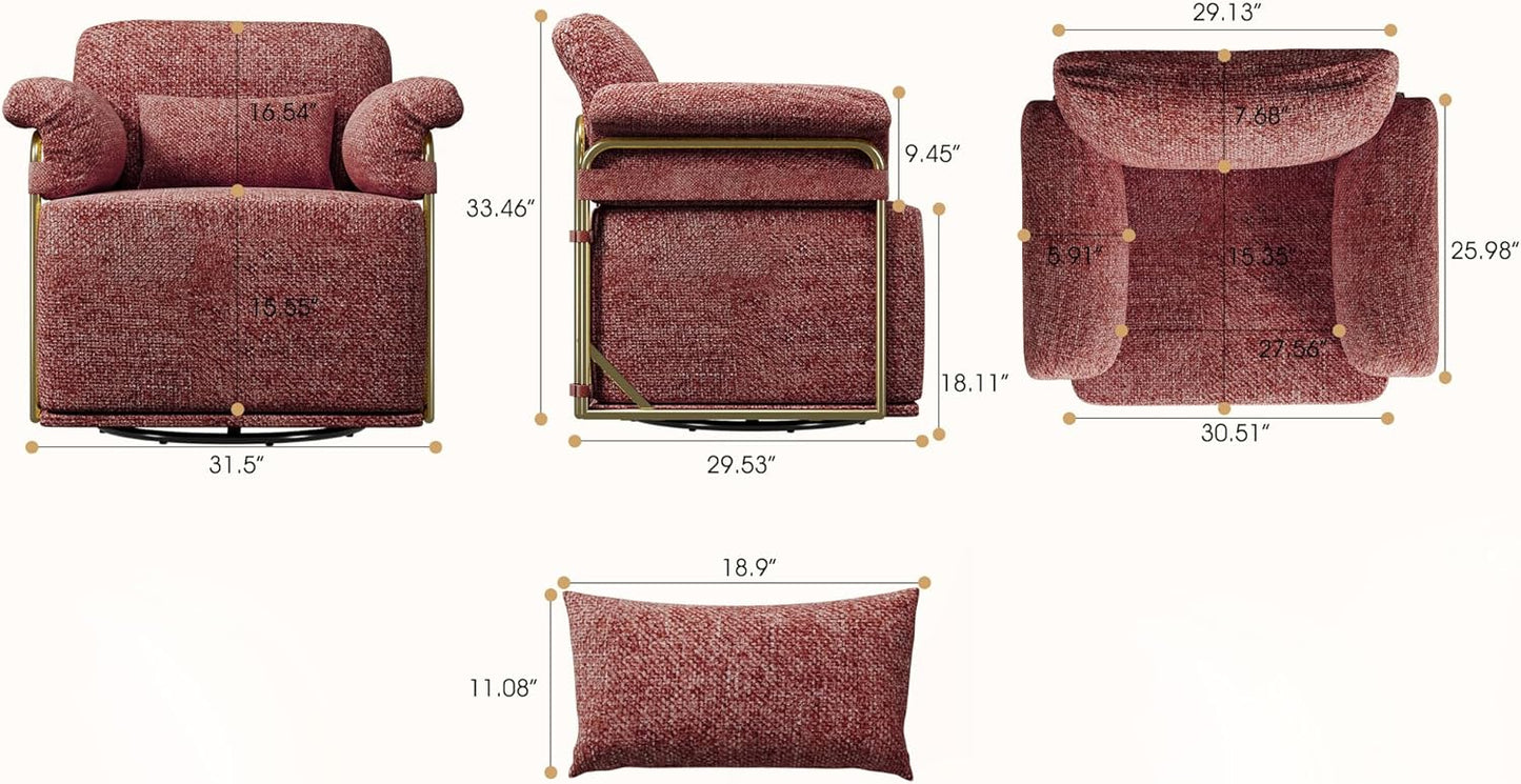 KEIKI Modern Comfy Swivel Accent Reading Chair with Waist Pillows, 360°Square Upholstered Barrel Armchair Single Club Lounge Sofa Chairs for Living Room,Bedroom,Office,DarkRed