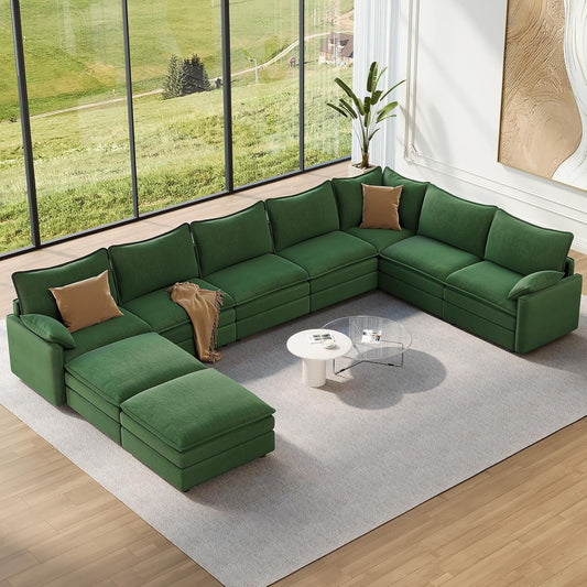 Vesgantti Large Modular Sectional Sofa, Big Comfy Cloud Couch with Ottoman Deep Seat Chenille Cloud Sofa, 9 Seater Large Sectional Couches for Living Room, Bedroom and Apartment, Green