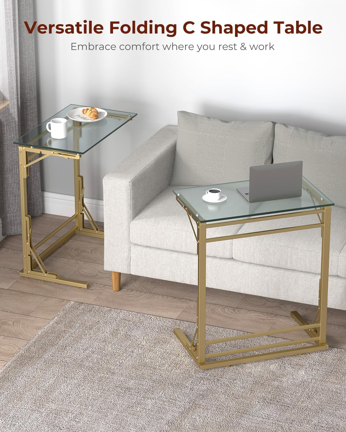 Tatub 24" Folding TV Tray Table Set of 2, Glass C Shaped End Table for Couch, Small Sofa-Side Laptop Desk with Gold Metal Frame for Living Room, Bedroom, Bedside