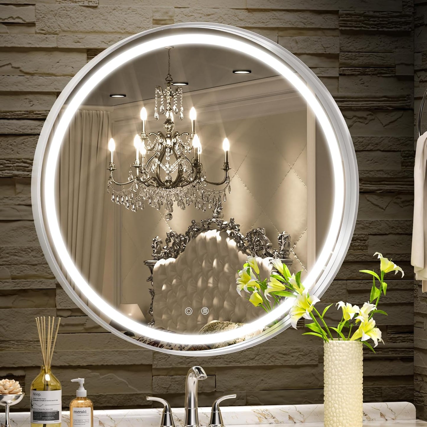 Hasipu 24 Round LED Mirror for Bathroom with Lights, Silver Circular Vanity Mirror for Wall, Metal Framed Frontlit Bathroom Mirrors Anti-Fog, Dimmable, 3 Colors Makeup Mirror Wall Mounted