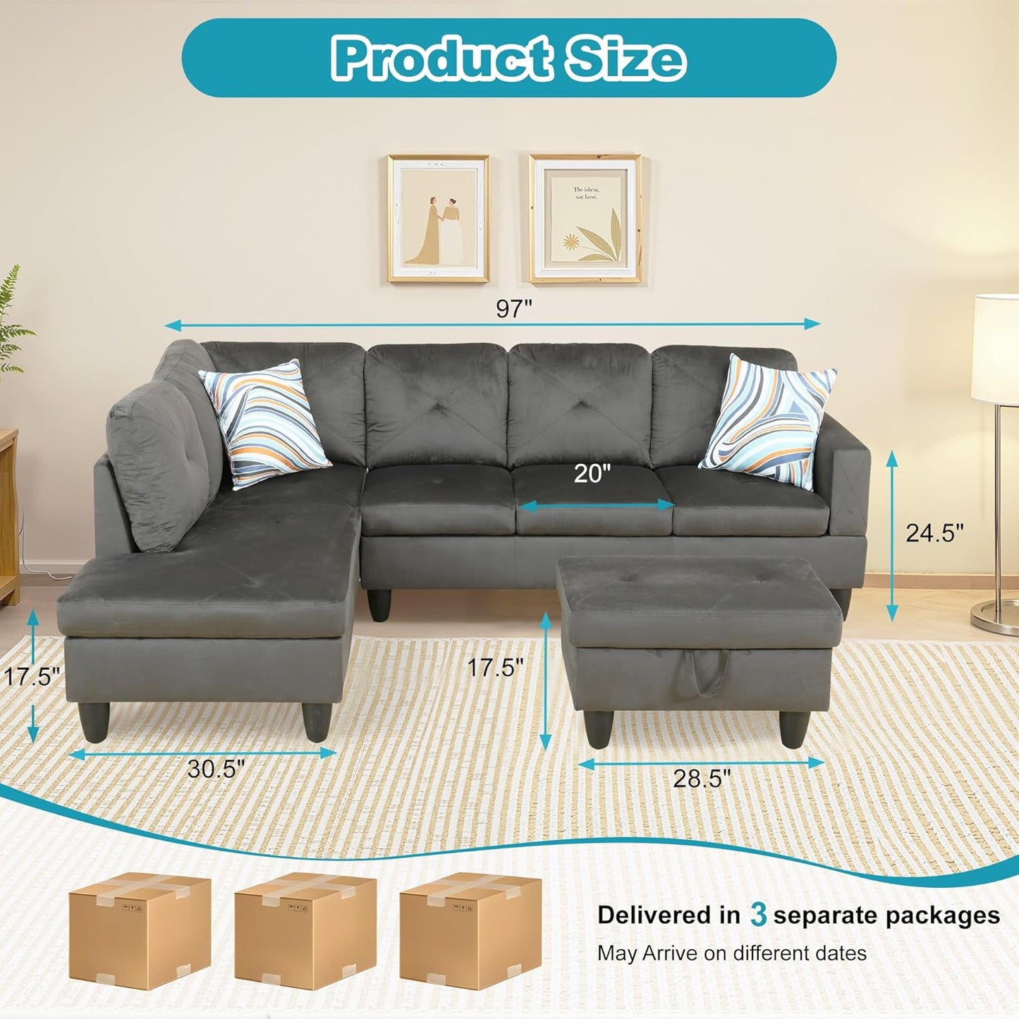 L Shaped Couch Modern Sectional Couch Upholstered Flannel Fabric 3 Pieces Sofas for Living Room with Chaise, Storage Ottoman for Office and Small Apartment, Grey