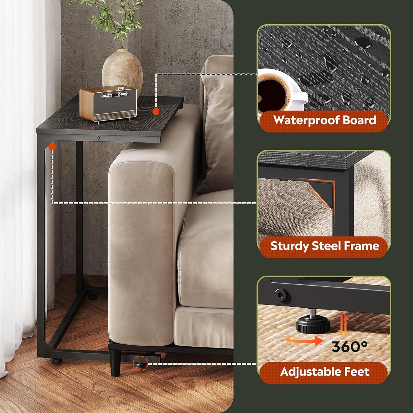 WLIVE Black C-Shaped End Table, Small Side Tables for Sofa, Wide Couch Table That Slide Under, Laptop Snack Table for Living Room, Bedroom, Home Office, Black