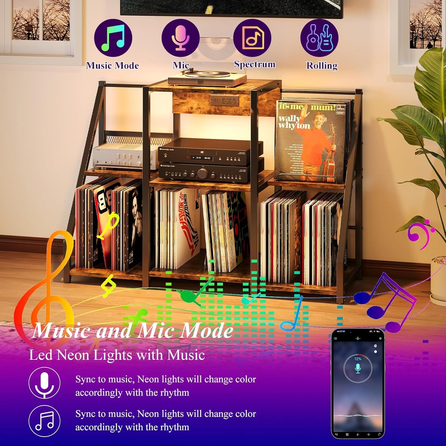 Large Record Player Stand Vintage Record Stand-Large Vintage Record Player Table with Power Outlet and LED Light,Record Storage Rack with Vinyl Display Shelf for Up to 300 Albums