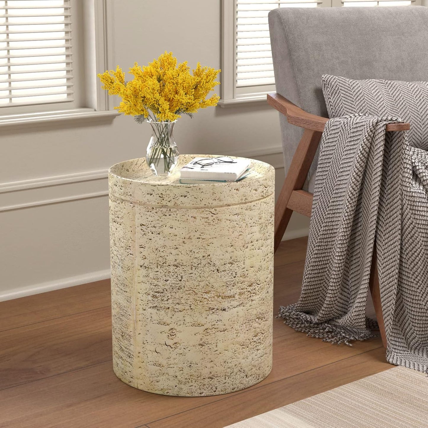 COSIEST Outdoor Side Table, Cylinder Shaped MgO Patio End Table, Lightweight Accent Table with Tray Top, Round Plant Stand Tool for Garden and Deck, Beige