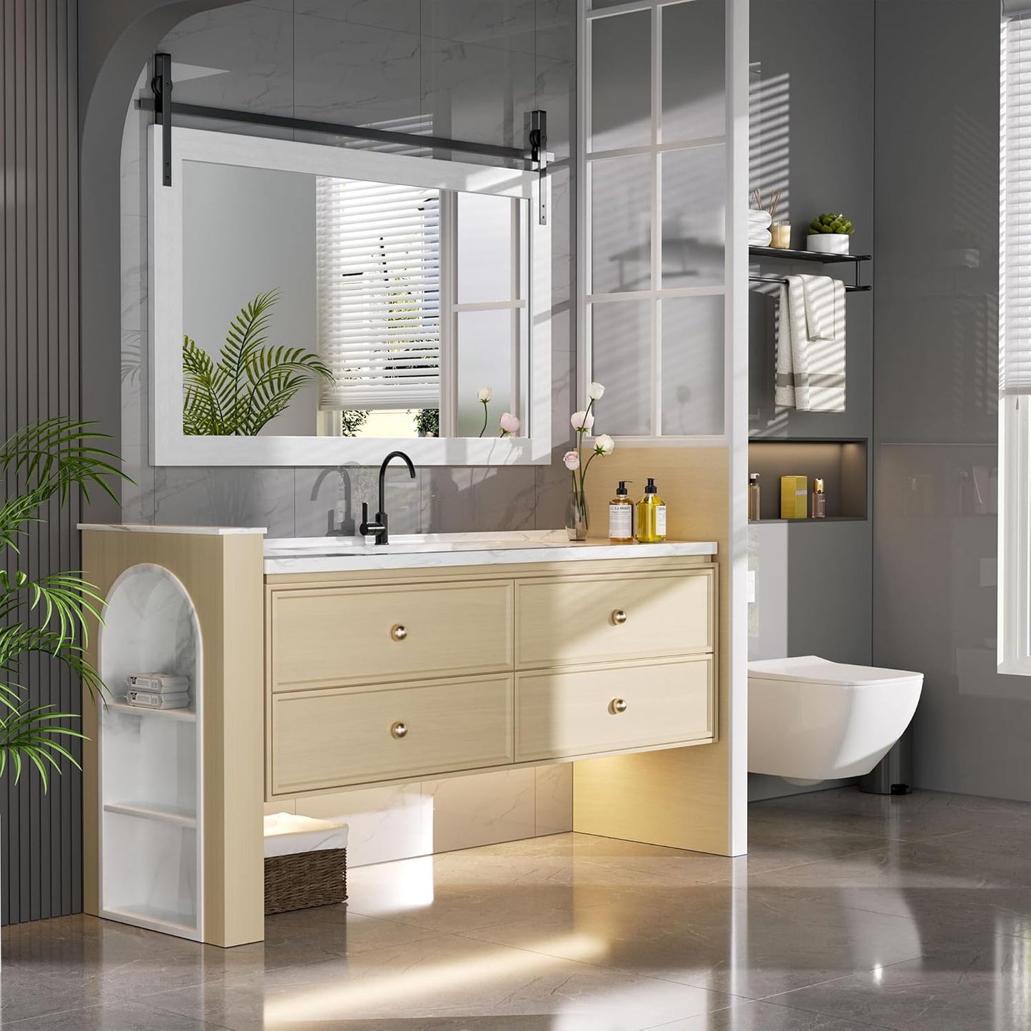 Hasipu Farmhouse Bathroom Mirror, 40"x26" Rustic Wood Framed Wall Mounted Mirror, White Vintage Vanity Mirror Barn Door Style Decrative Mirrors