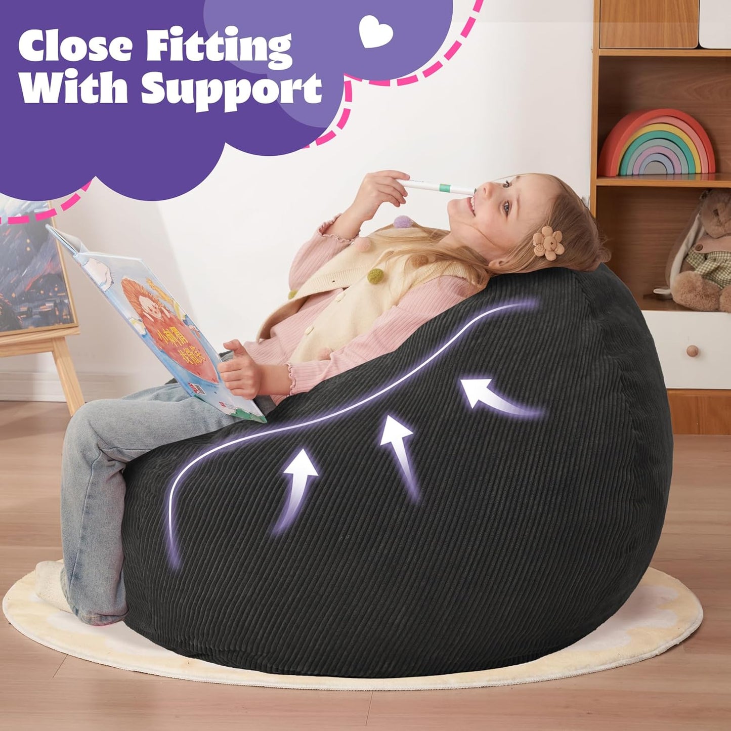 HABUTWAY 2 FT Bean Bag Chair,Giant Bean Bag Chairs,Big Bean Bags with Memory Foam Filled, Large Beanbag Chairs with Soft Corduroy Cover-Black