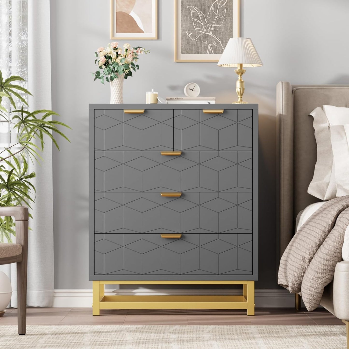 GAOMON Grey 5 Drawer Dresser for Bedroom, Chest of Drawers with Metal Base, Modern Dresser Chest Cabinet Organizer for Living Room, Hallway, Closet