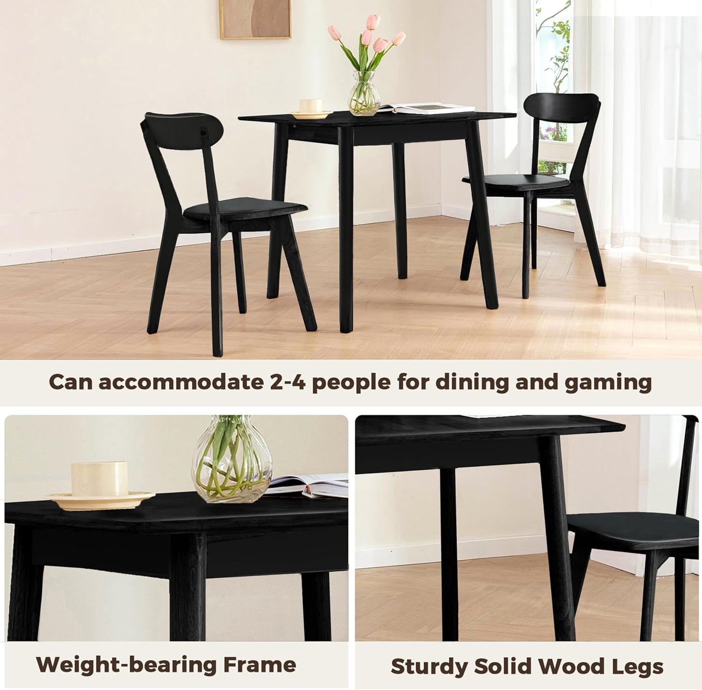 DELAVIN 29.5" Solid Wood Dining Table, Modern Small Dining Table, Square Farmhouse Kitchen Table, Cafe Table for Living Room Dining Room, Easy Assembly, Black