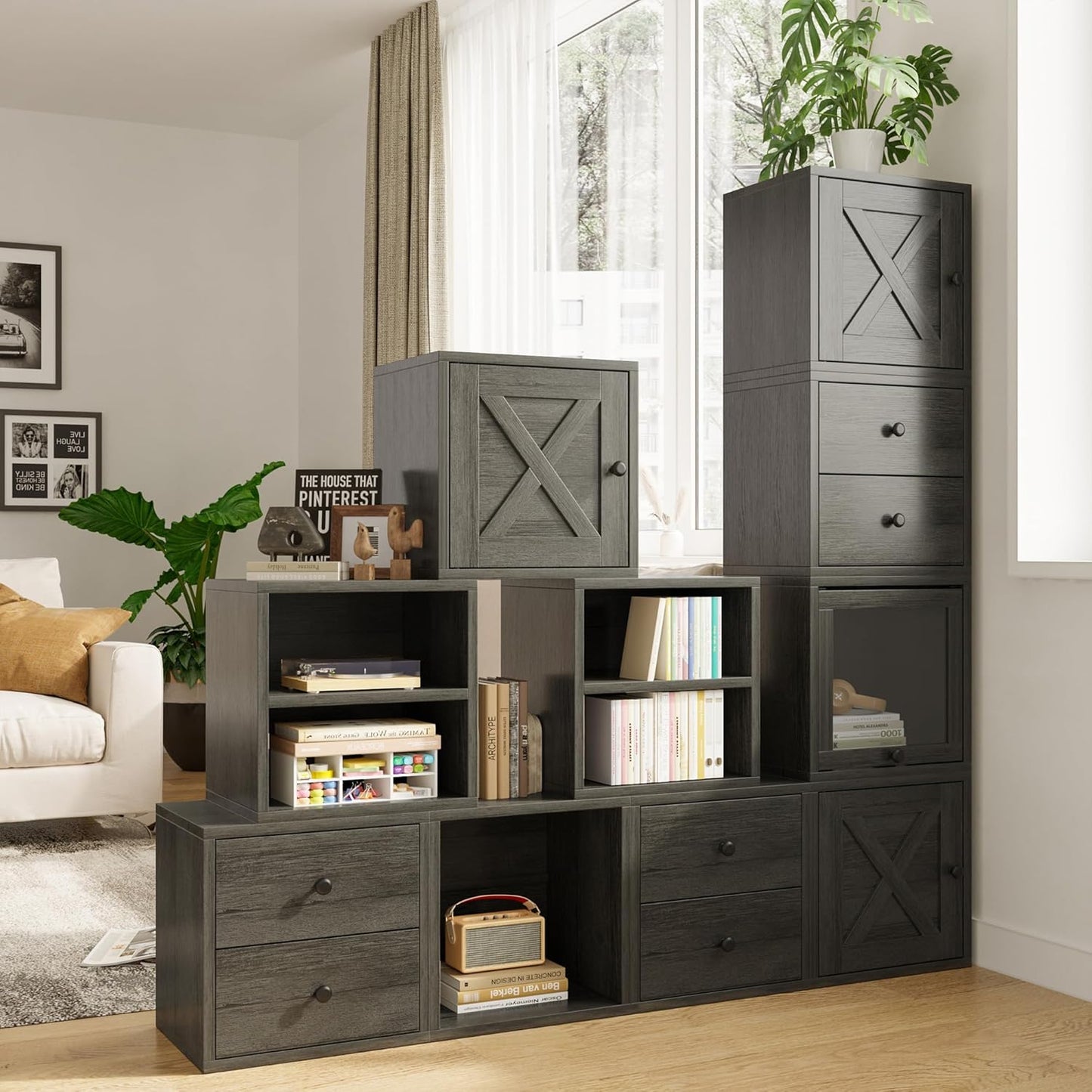 FUSUNBAO Magic DIY Cube Storage Organizer Stackable Cubes for Home Books Clothes Toy-Modular Cubby Storage System-Office Cubical-Bookcase Closet (French Oak,1 Layer Cube)