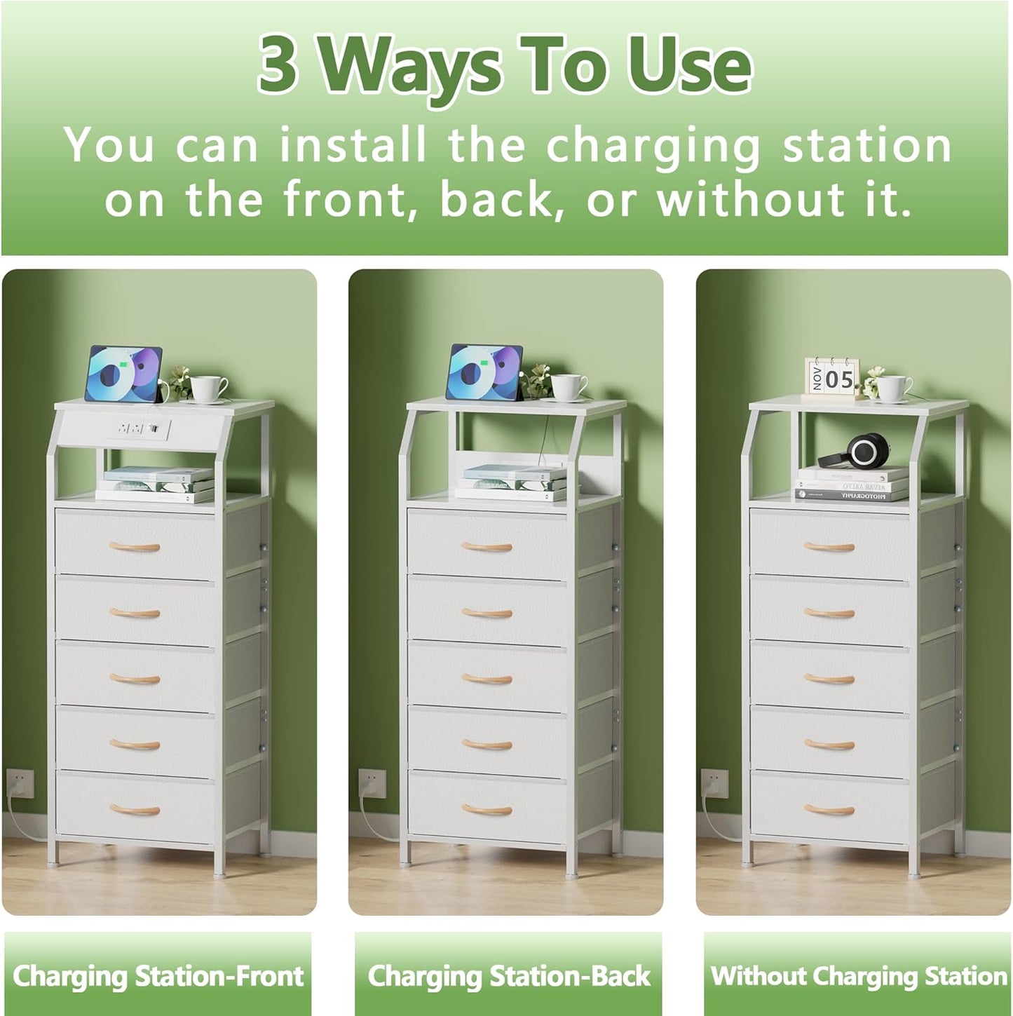 Furnulem 5 Drawers Dresser with Charging Station, Tall Night Stand with Open Shelf, Storage Tower with PVC & Fabric Drawer, Bedside Table for Bedroom, Closet, Entryway, 3 Ways to Use, White