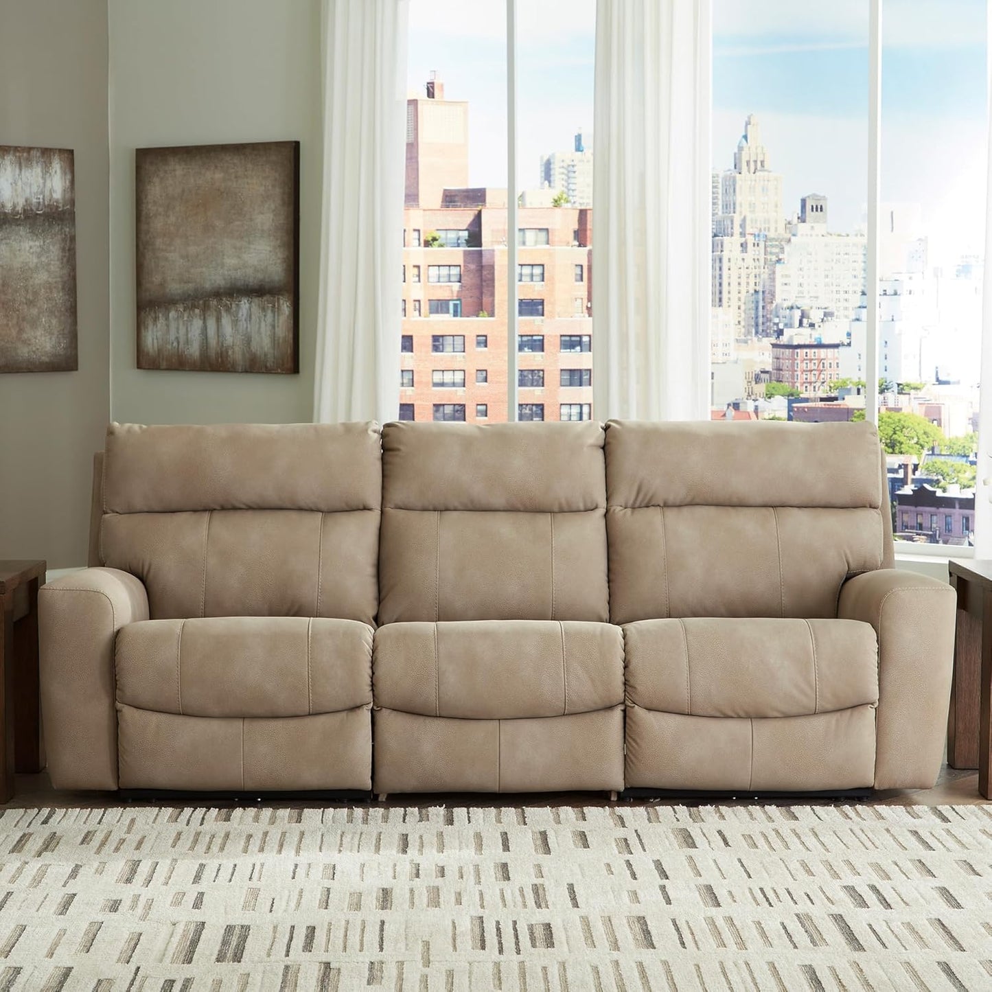 Signature Design by Ashley Next-Gen DuraPella Contemporary Faux Leather Modular Wall Hugger 3-Piece Power Reclining Sectional Sofa with Adjustable Headrest and USB Ports, Light Brown