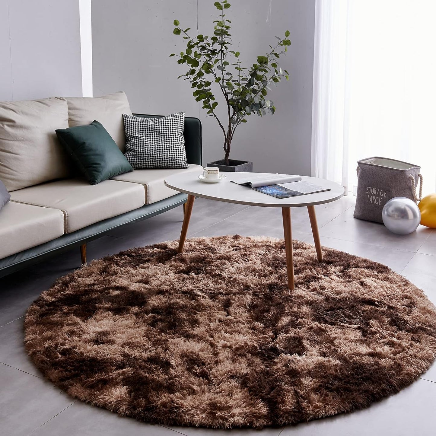 FJZFING Tie-Dyed Coffee Round Rug Ultra-Soft Plush Modern 4x4 Circle Area Rug for Kid's Bedroom, Fluffy Shag Circular Rug for Nursery Room, Non-Slip Home Decor Carpet for Teen's Room