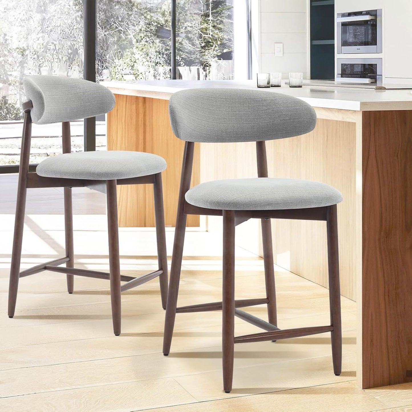 COLAMY Bar Stools Set of 2, Counter Height Bar Stools, Upholstered Counter Stools with Wood Legs for Kitchen Island Dining Room Bar, Light Grey
