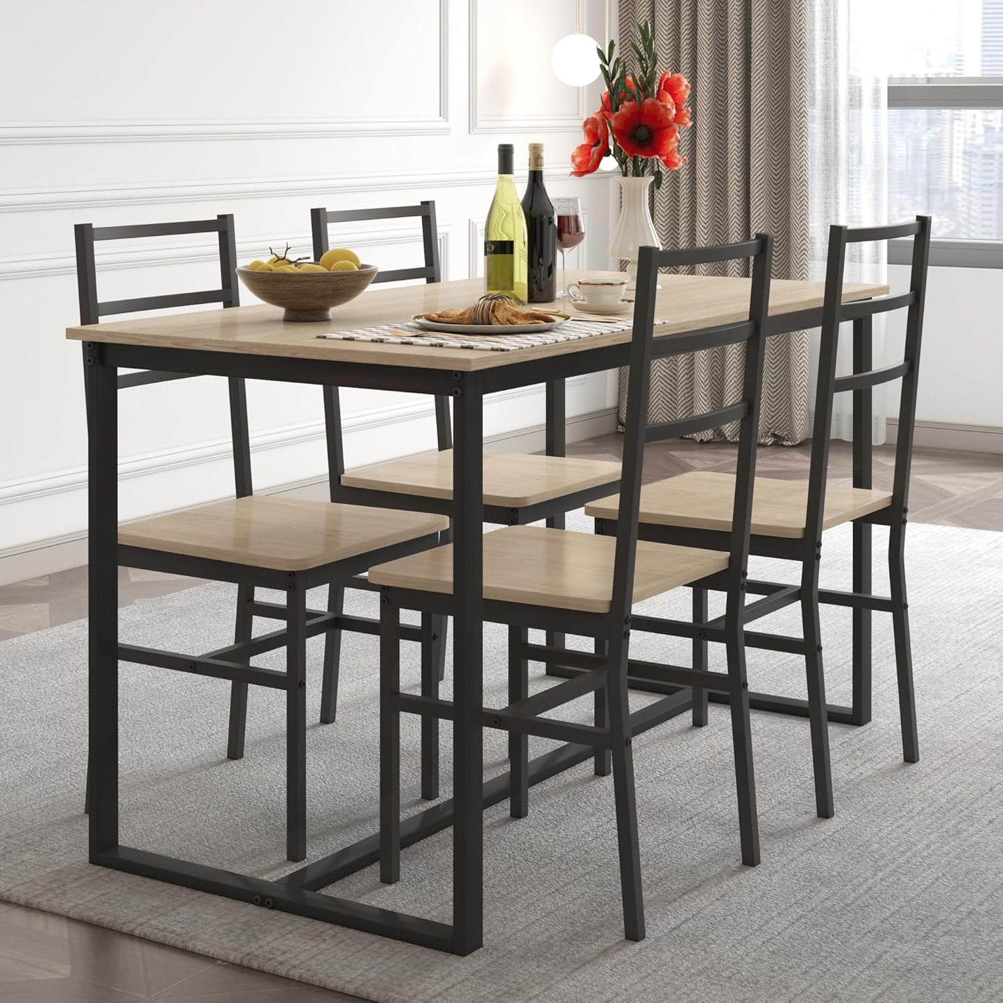 5-Piece Dining Table Set with 4 Chairs, 47.2" Kitchen Table Chairs Set of 4, Rectangular Industrial Style Dining Room Table Set with Backrest, Perfect for Small Space, Beige