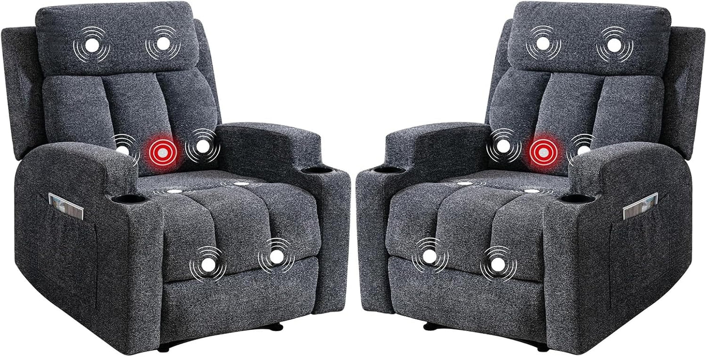 Phoenix Home Manual Recliner Chair Set of 2 with Massage and Heat, Ergonomic Overstuffed Breathable Fabric Recliner Single Sofa with 2 Cup Holders, Living Room Lounge Recliners on Clearance, Dark Gray