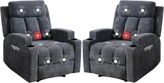 Phoenix Home Manual Recliner Chair Set of 2 with Massage and Heat, Ergonomic Overstuffed Breathable Fabric Recliner Single Sofa with 2 Cup Holders, Living Room Lounge Recliners on Clearance, Dark Gray