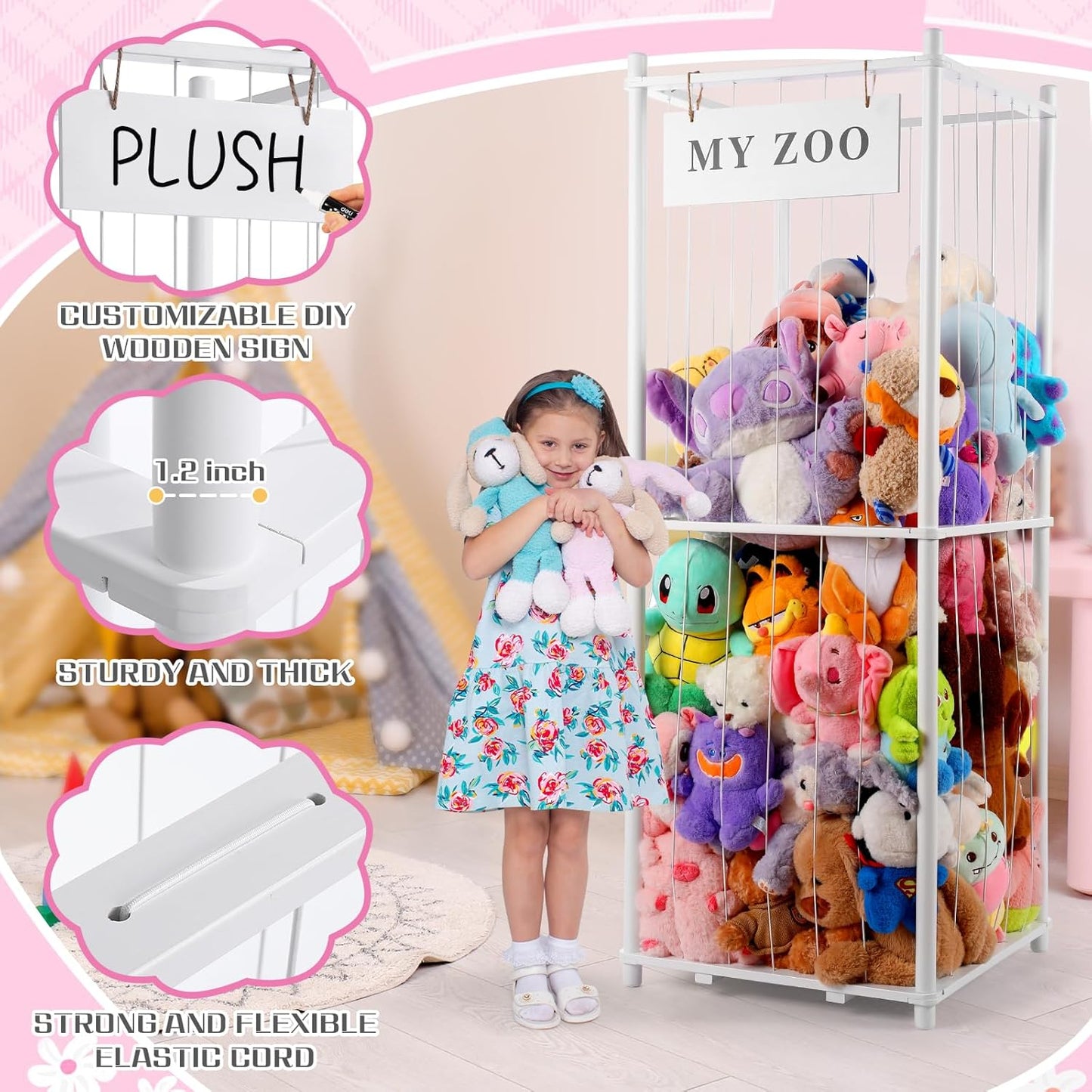 Stuffed Animal Storage Zoo, Wooden Stuffed Animal Organizer with Elastic Cords for Boys Girls, Space Saving Toy Plushies Storage Holder for Playroom, Bedroom, Living Room (White, Large)