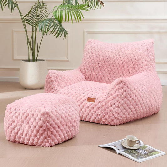 Bedroom Bean Bags Chair with Foot Stool, Comfy Reading Chair with Filler, Soft Faux Fur Pink Bean Bag Chair Lazy Beanbag Chairs for Adults, Gaming Bean Bag Chair