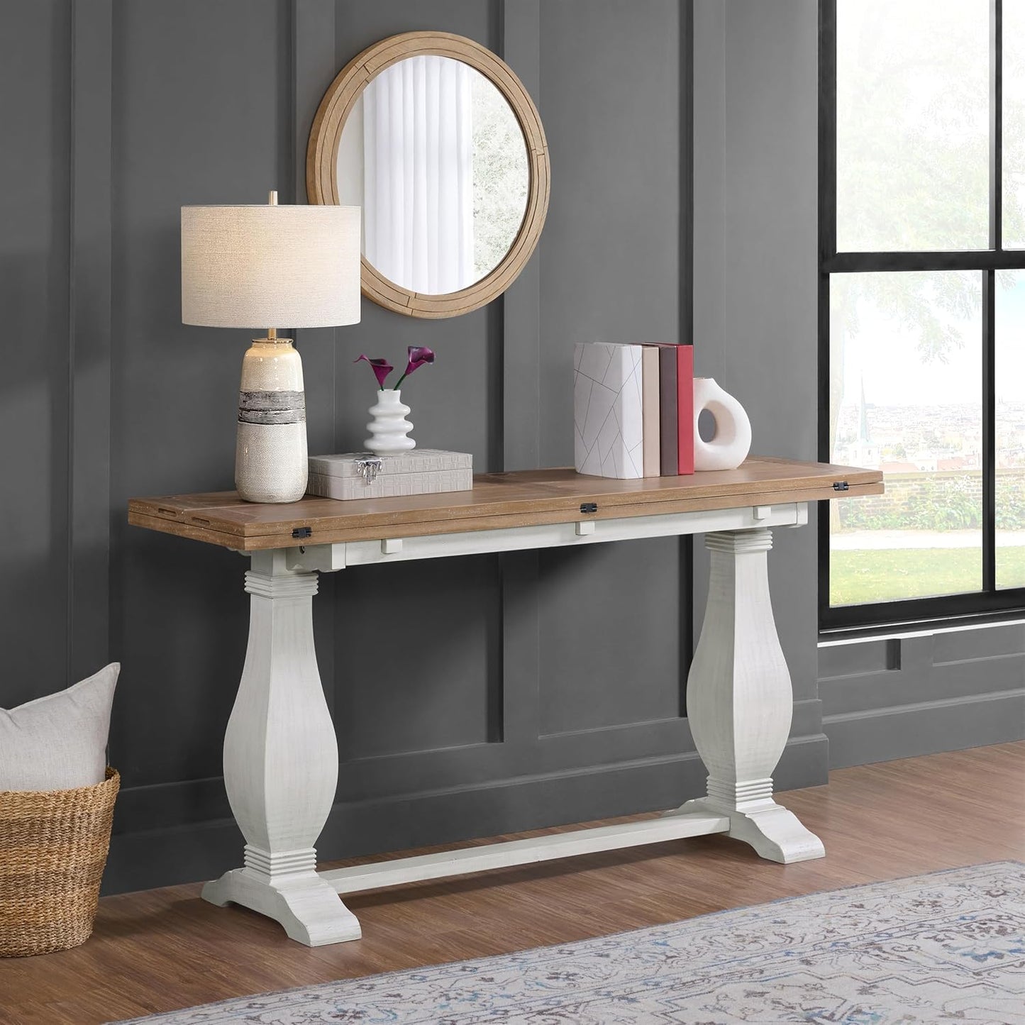 Martin Svensson Home Napa Solid Wood Pedestal Flip-Top Sofa Console Table, White and Driftwood