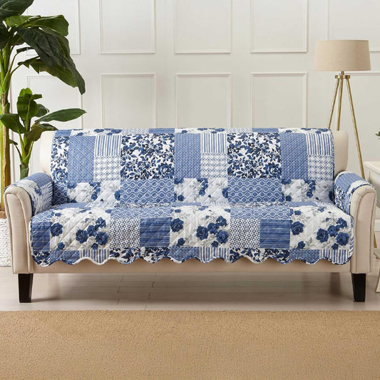 Great Bay Home Patchwork Scalloped Printed Furniture Protector Stain Resistant Sofa Cover (Sofa, Navy)
