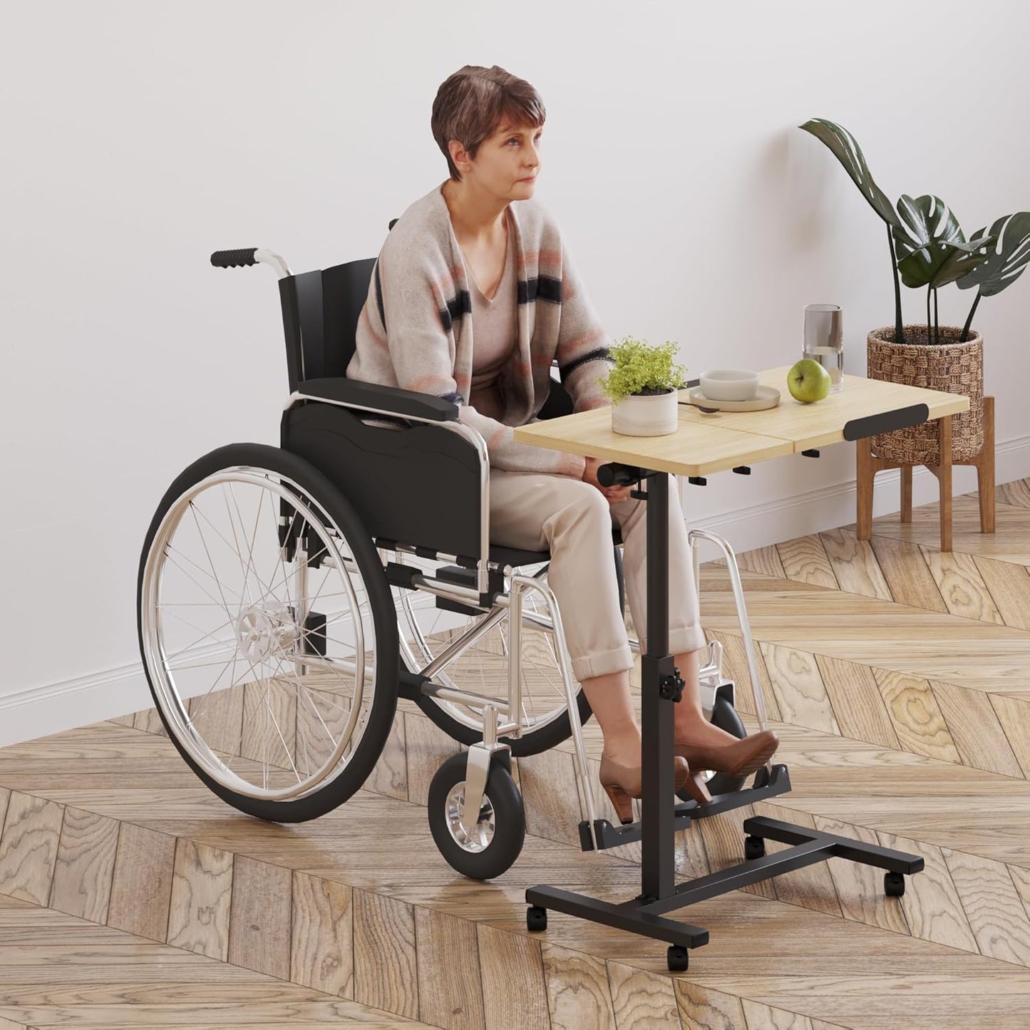 Tilting Overbed Table with Wheels, Adjustable Height Laptop Stand for Couch, Bed Desk Hospital Overbed Table Side Tray Tables, Office Carts & Stands (Log)